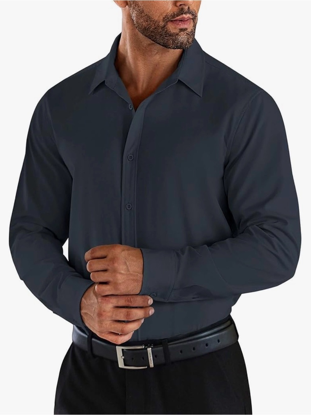 Men's 2XL Long-Sleeve Dress Shirt in navy blue stretch office Travel party 1219